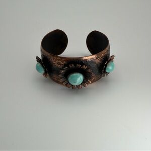 Vintage Mixed Metal Cuff Bracelet Faux Turquoise 1.25"  Thick Southwestern